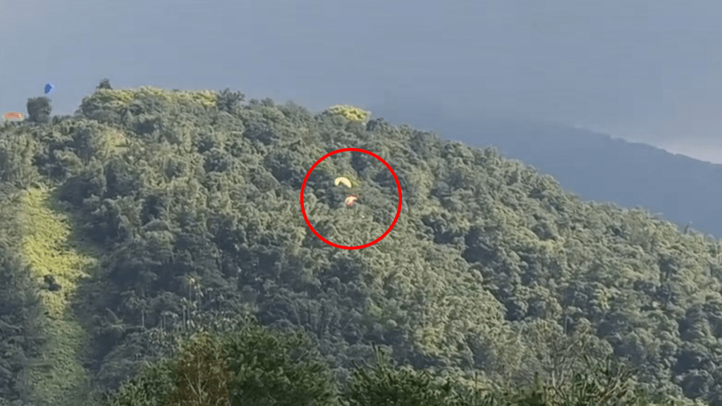 一名香港游客昨日在台湾南投玩滑翔伞时，在半空撞到一名台湾游客的滑翔伞，两人坠落树林中没有受伤。fb「爆料公社公开版」范世纬片段截图