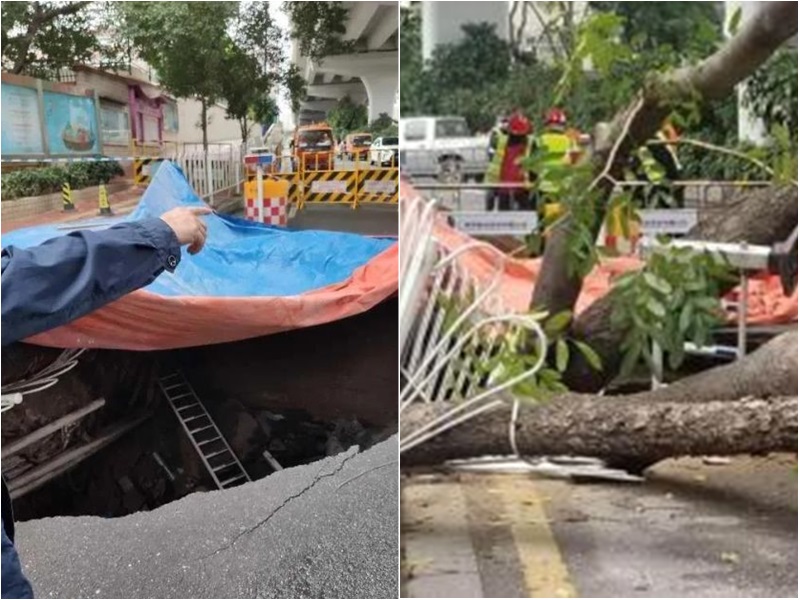 廣州今早突然發生路陷,有工作人員聲稱與雨水沖散土壤有關。網圖