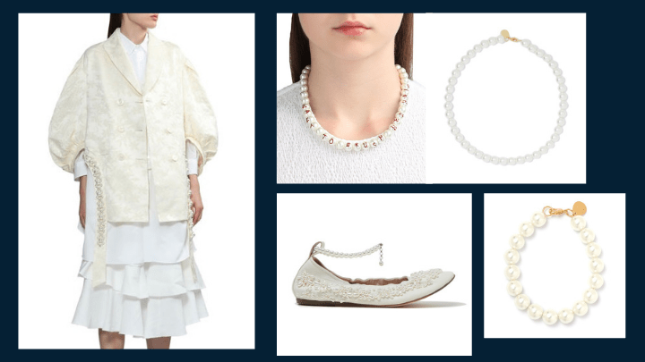 左/Signature Sleeve Jacket/$18,499、右上/ 仿珍珠項鏈/$4,199、右下/仿珍珠手鏈/$2,699、中下/釘珠Balleria/$7,399。