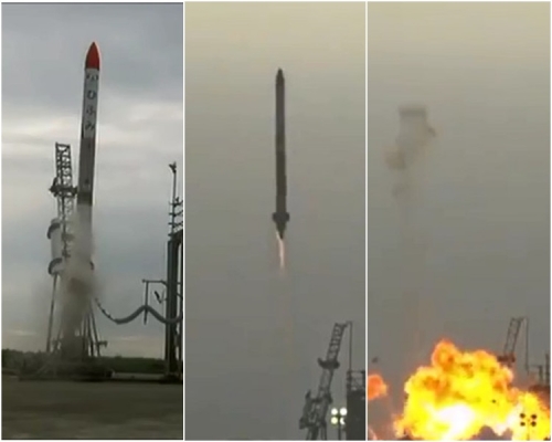 小型火箭「MOMO 2号」发射后即失控跌落发射台爆炸。网图