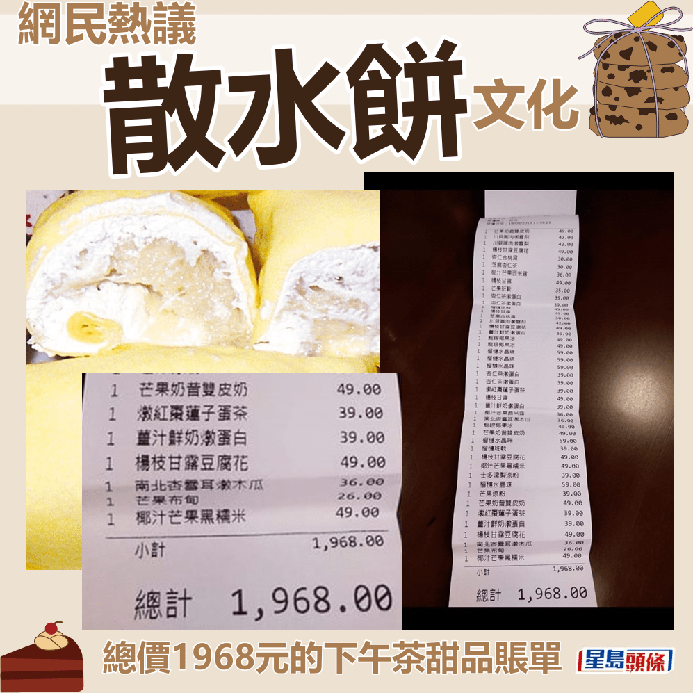 總價1968元的下午茶甜品賬單。fb群組「香港茶餐廳及美食關注組」截圖及資料圖片