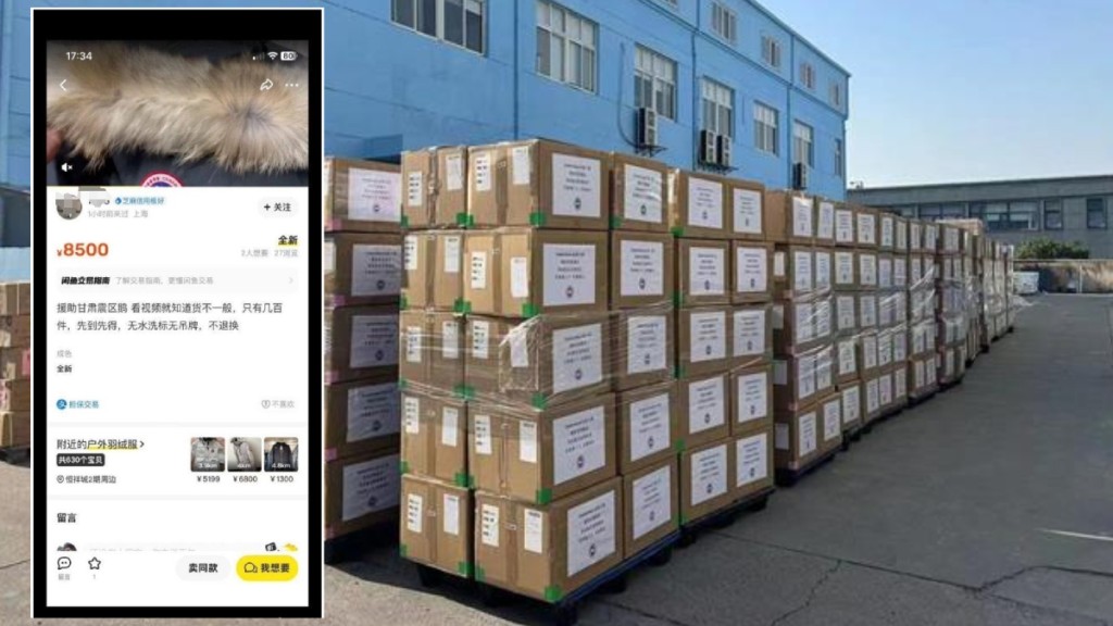 「加拿大鵝」給甘肅地震的賑災羽絨服，疑被人放到「閒魚」二手平台出售。