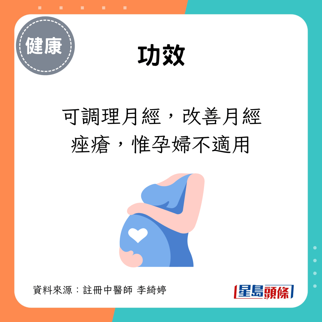 可調理月經，改善月經痤瘡，惟孕婦不適用