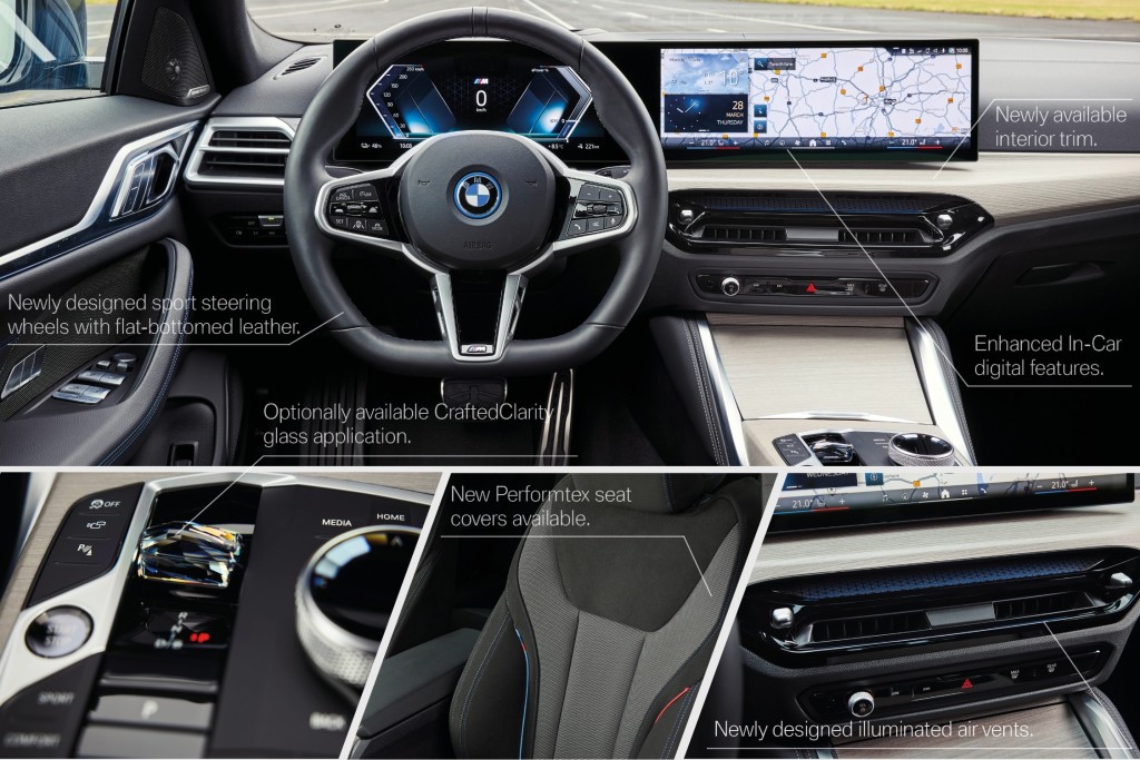 新改良版BMW i4电动车换上新款式軚盘，弧形屏幕升级至BMW iDrive OS 8.5应用程式。