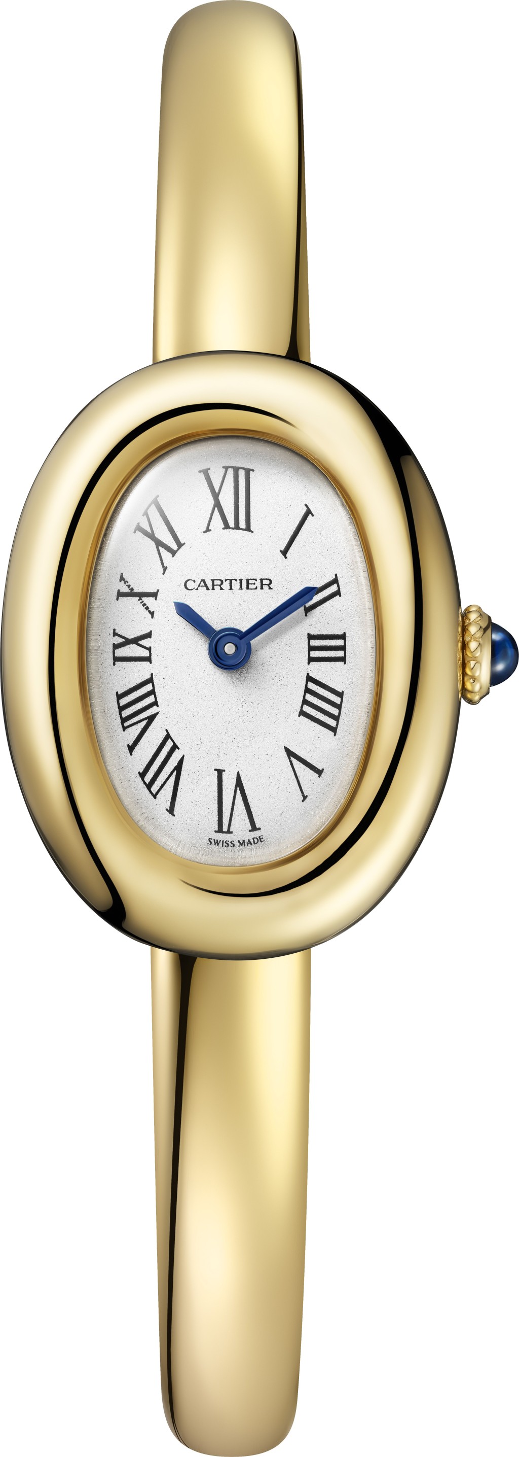  Baignoire腕表，迷你款，黃金材質，搭載石英機芯，表冠鑲嵌1顆凸圓形藍寶石，配黃金表鏈。
