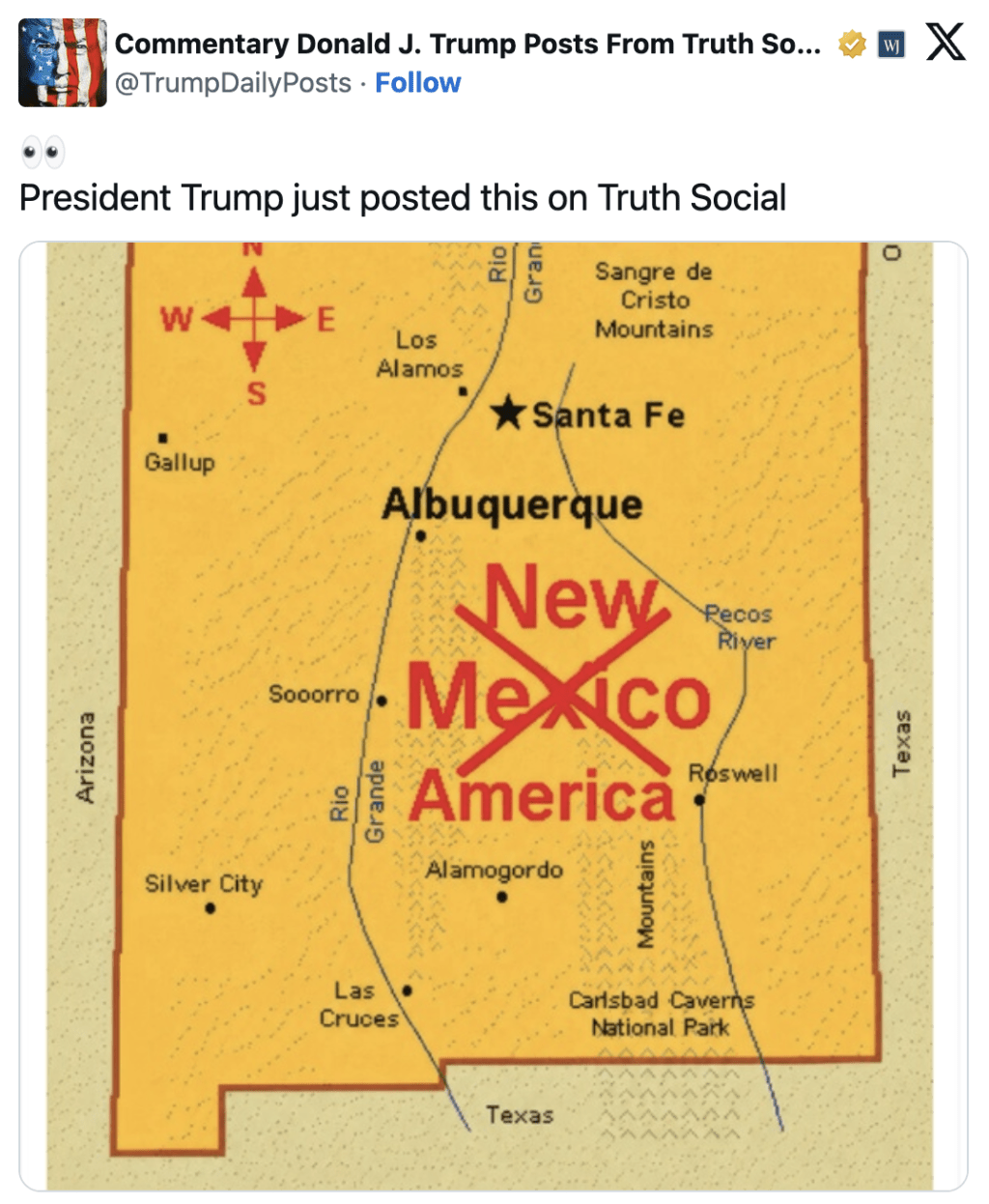 特朗普日前亦曾分享经修改的美国地图，将新墨西哥州（New Mexico）改成“新美国州”（New America）。