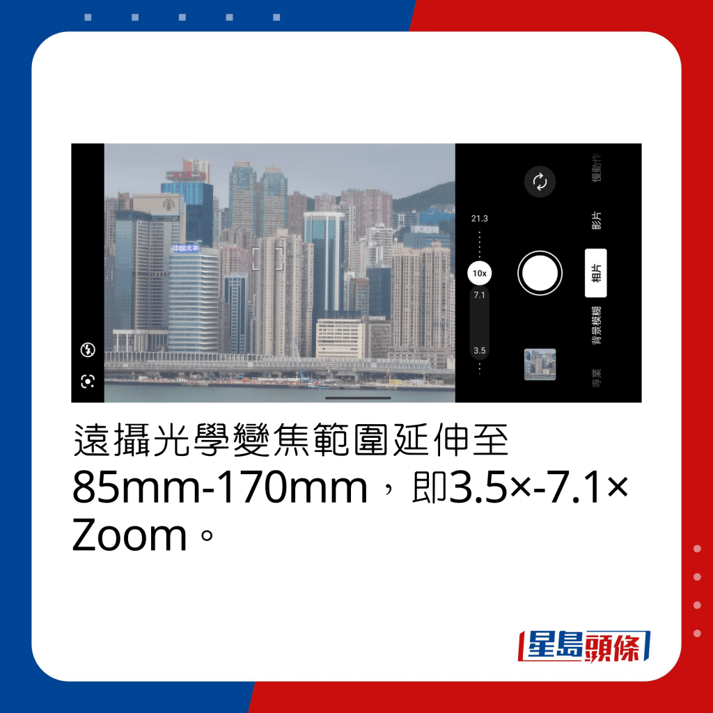 遠攝光學變焦範圍延伸至85mm-170mm，即3.5×-7.1× Zoom。