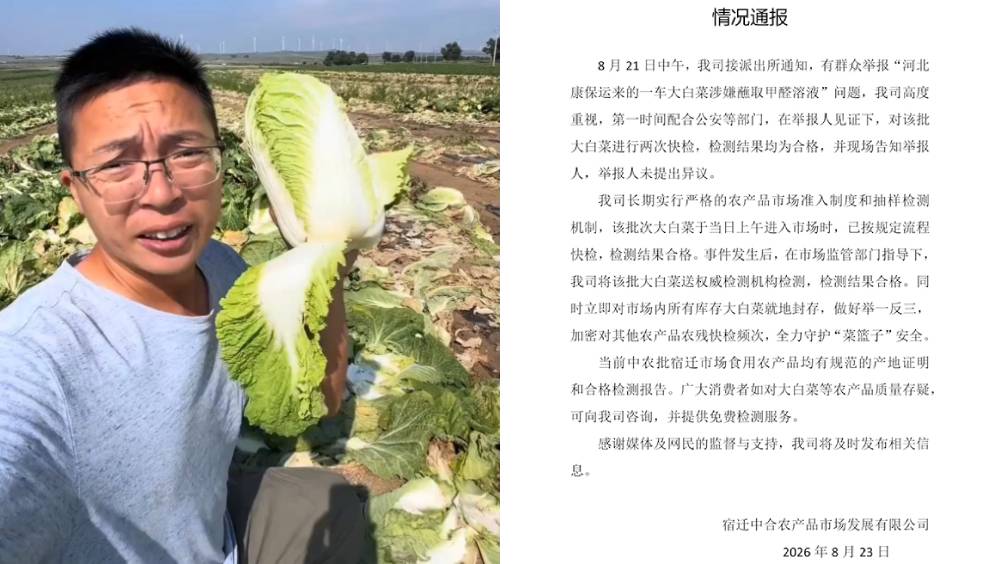 「甲醛大白菜」流向江蘇宿遷？批發園深夜急通報：權威抽檢全部合格並已就地封存。