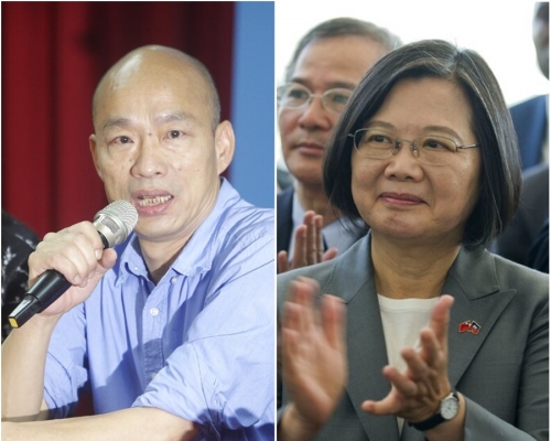 韓國瑜出戰總統選舉；蔡英文表明全力爭取勝利。AP圖片
