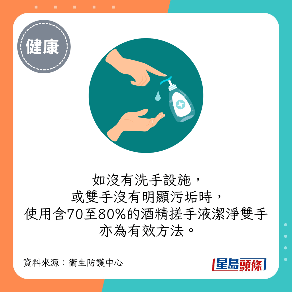 如沒有洗手設施，或雙手沒有明顯污垢時，使用含70至80%的酒精搓手液潔淨雙手亦為有效方法。