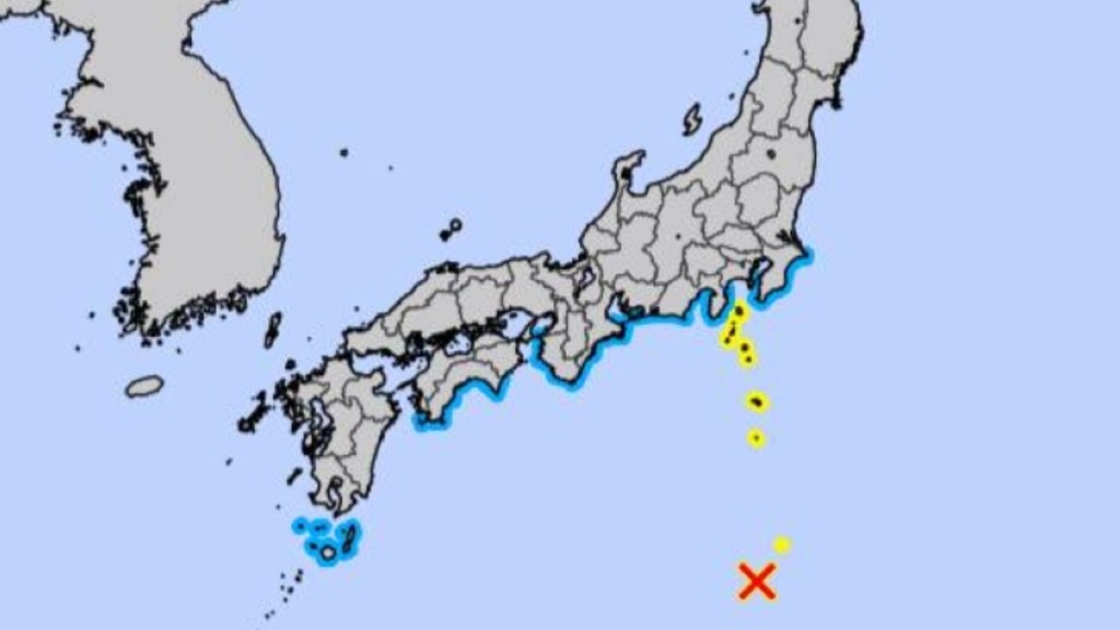 日本气象厅表示，地图中黄色区域或出现1米高海浪。日本气象厅
