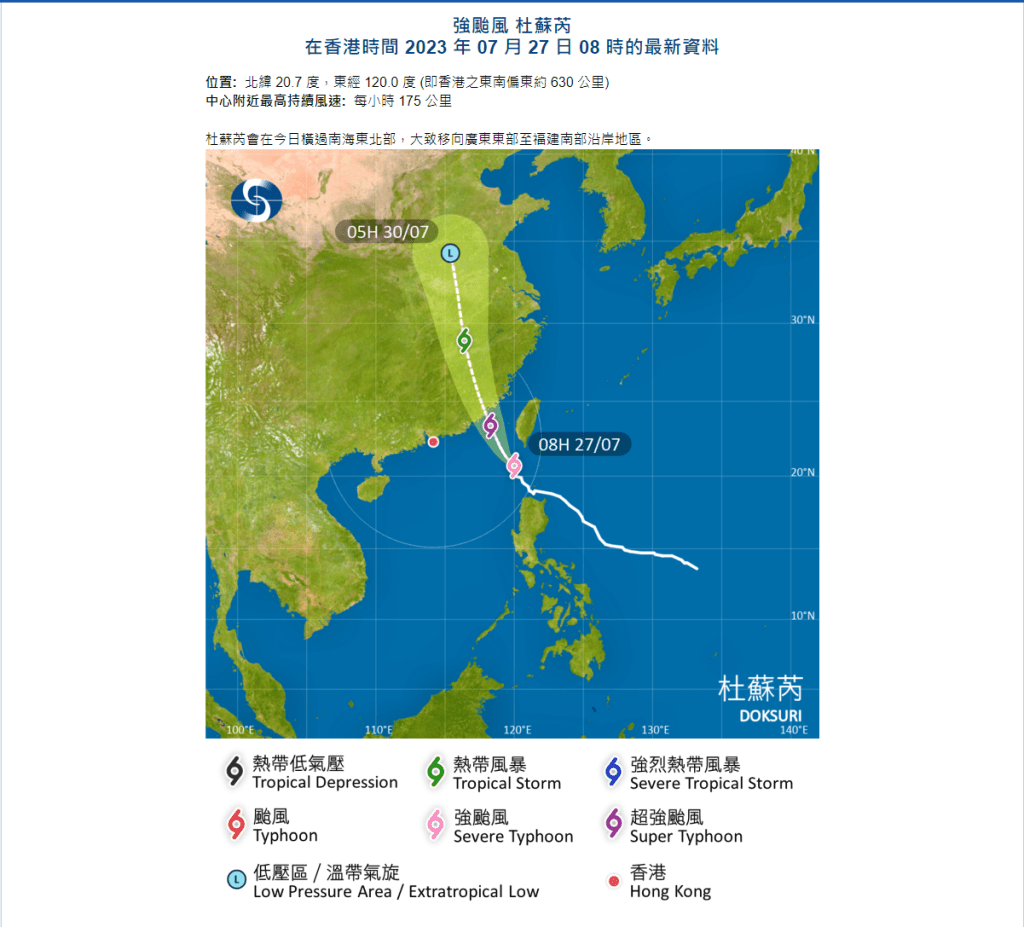 杜苏芮将在明日最接近本港。天文台网页截图