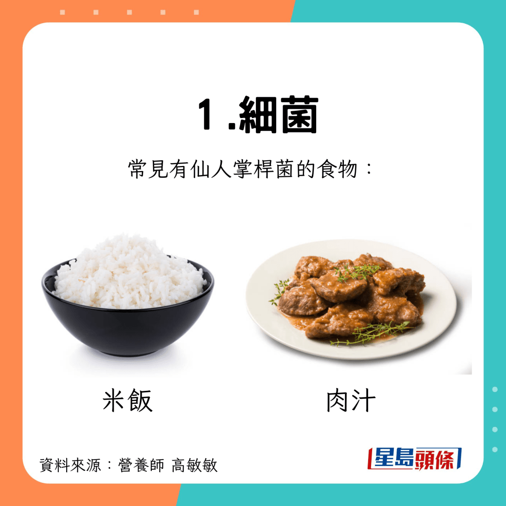 常見仙人掌桿菌的食物：米飯等澱粉類製品、肉汁等肉類製品。