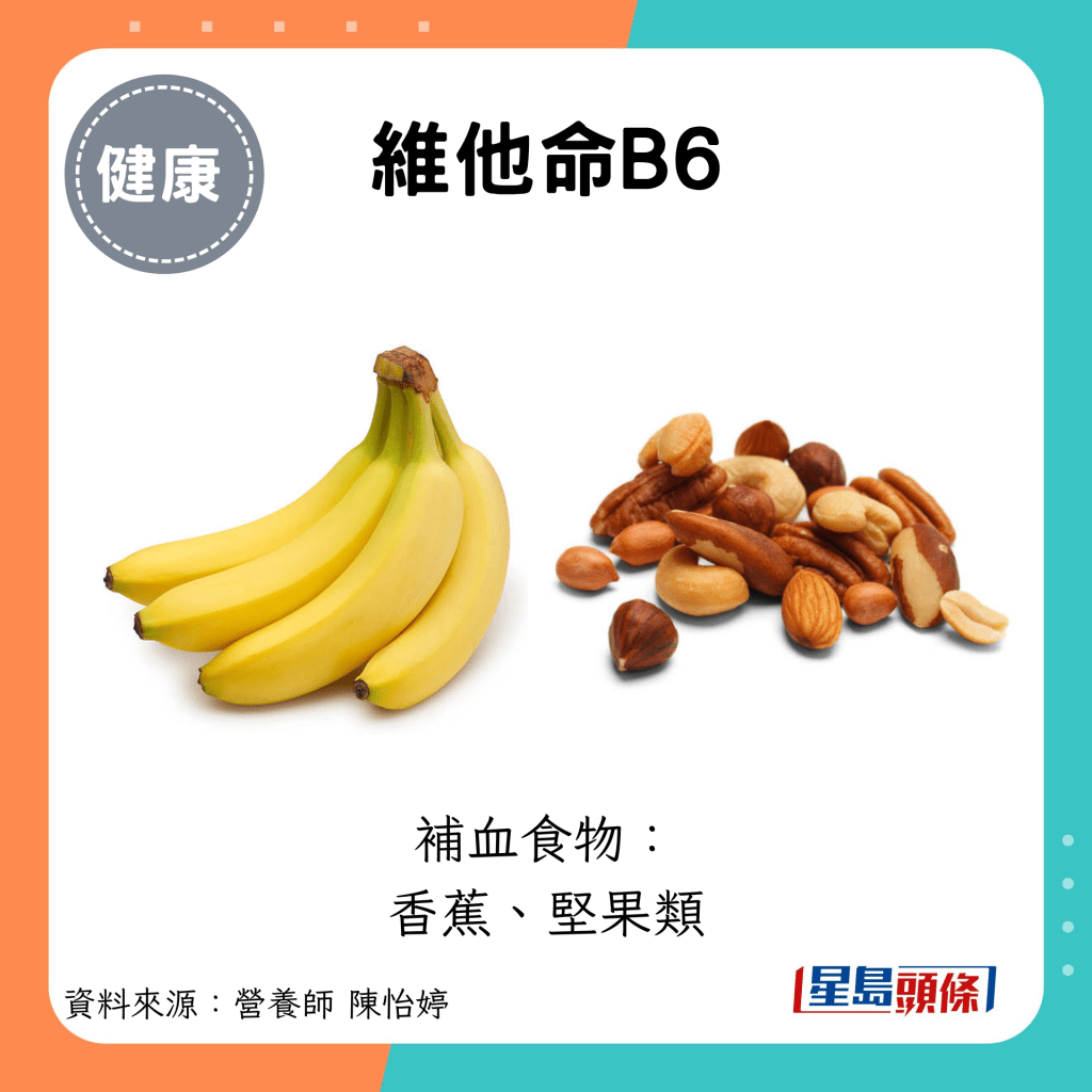 維他命B6：補血食物： 香蕉、堅果類