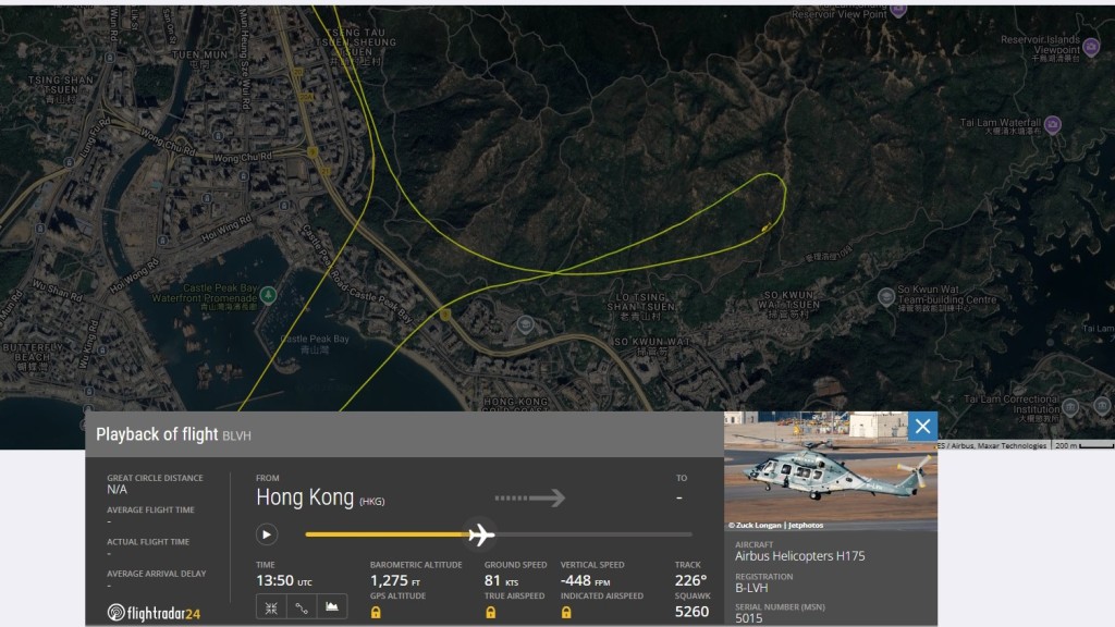 政府飞行服务队在现场进行搜索。Flightradar24图片