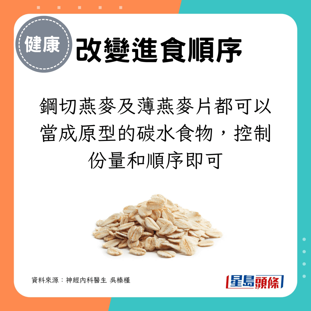 鋼切燕麥及薄燕麥片都可以當成原型的碳水食物，控制份量和順序即可