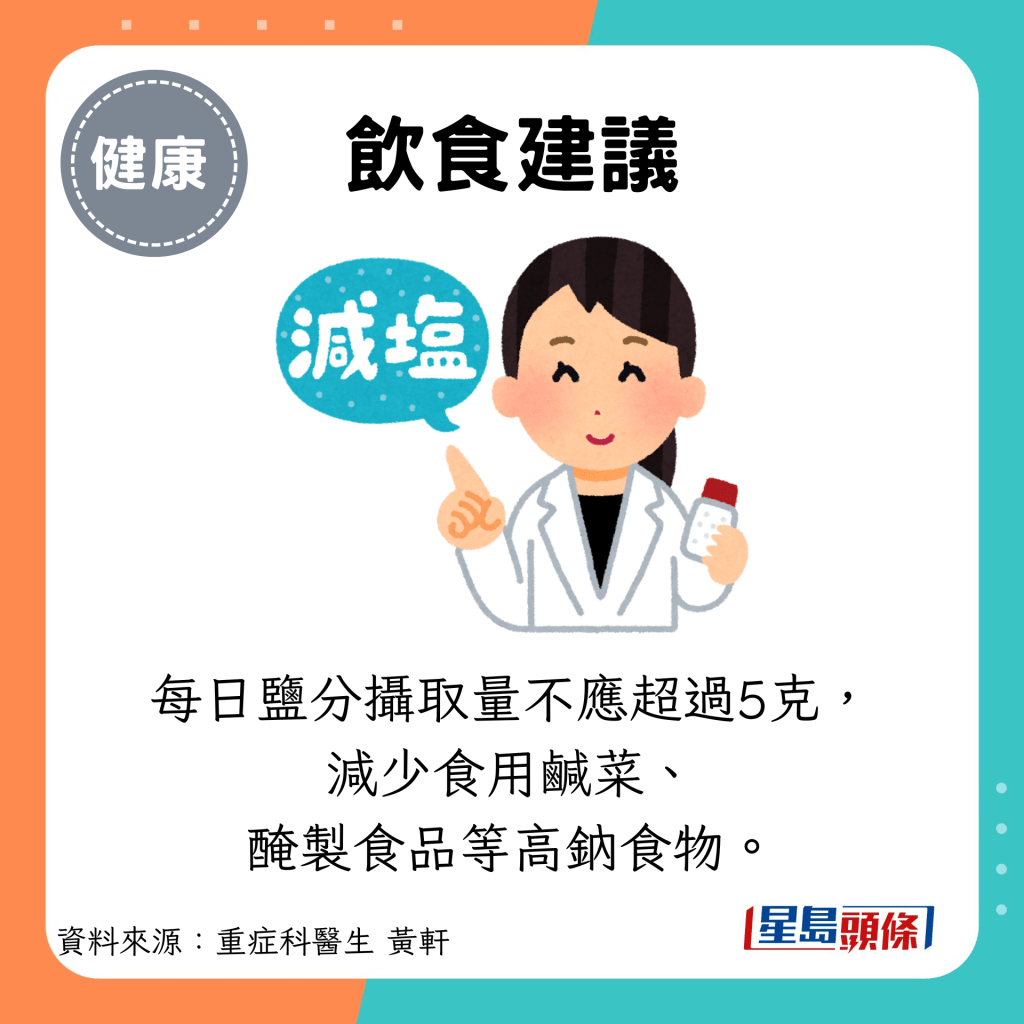 飲食建議：每日鹽分攝取量不應超過5克， 減少食用鹹菜、 醃製食品等高鈉食物。