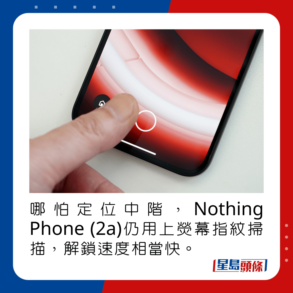 哪怕定位中阶，Nothing Phone (2a)仍用上荧幕指纹扫描，解锁速度相当快。