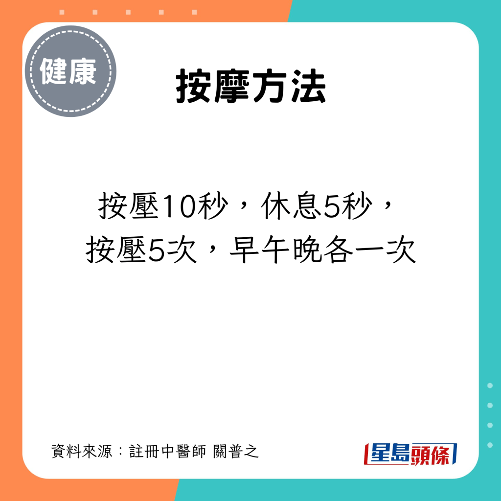 按壓10秒，休息5秒，按壓5次，早午晚各一次