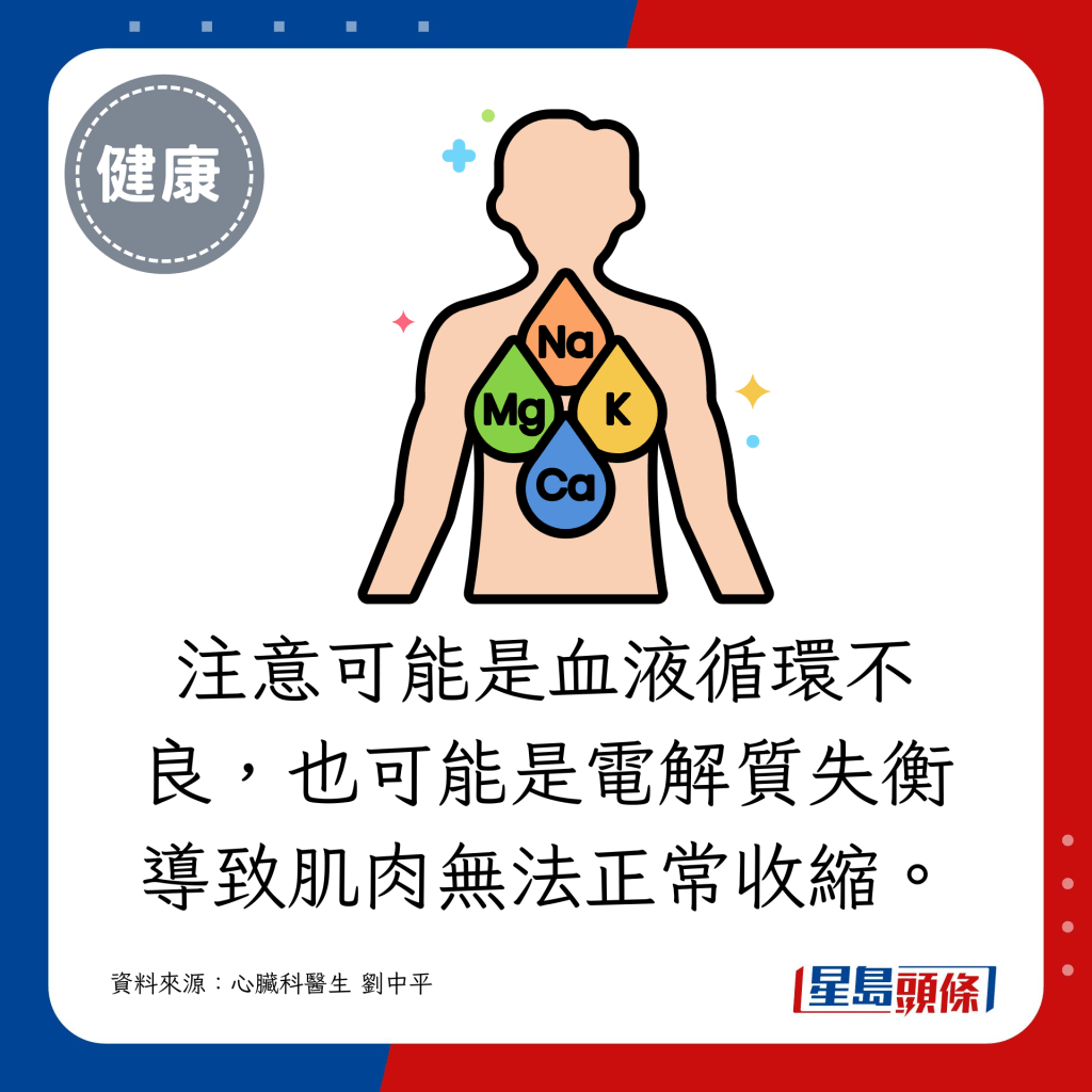 要注意可能是血液循環不良，也可能是電解質失衡導致肌肉無法正常收縮。