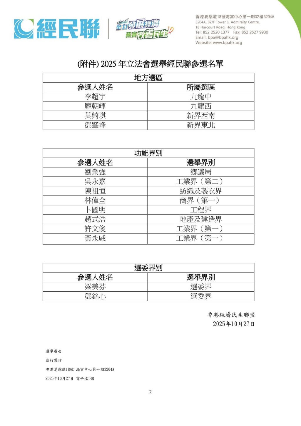 經民聯參選名單。經民聯fb圖片 經民聯參選名單。經民聯fb圖片