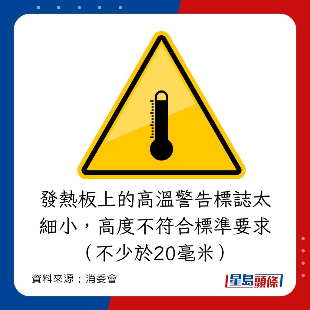 發熱板上的高溫警告標誌太細小，高度不符合標準要求（不少於20毫米）