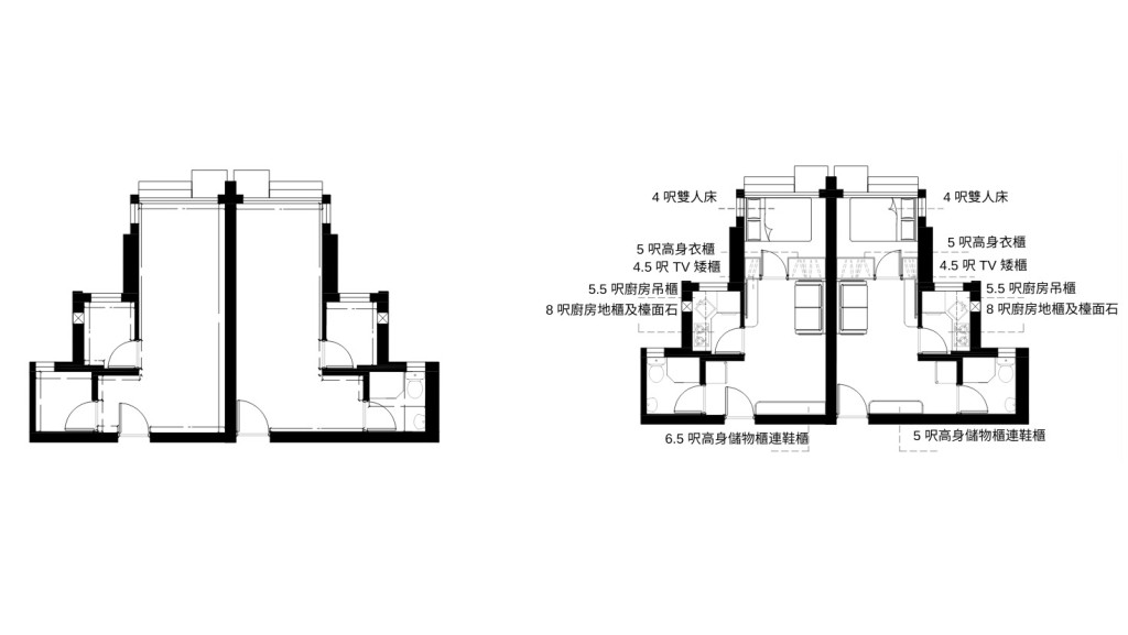 1至2人單位平面圖及傢俬擺位圖。