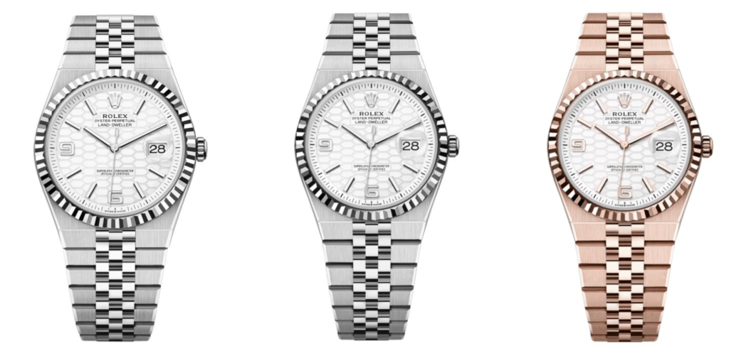 三款勞力士Land-Dweller,左起:不鏽鋼和白金款40mm、不鏽鋼和白金款36mm、 玫瑰金36mm 三款勞力士Land-Dweller,左起:不鏽鋼和白金款40mm、不鏽鋼和白金款36mm、 玫瑰金36mm