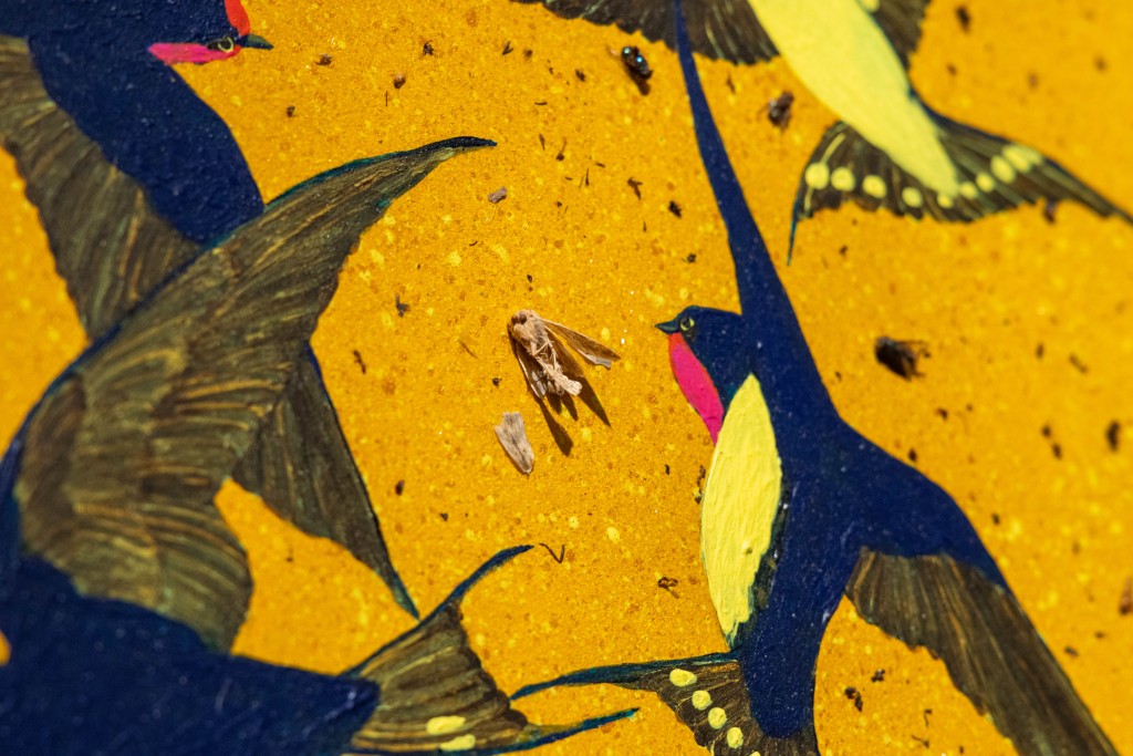 香港夜市｜夜間藝術展覽《都市物種》藝術家洪忠傑其中兩幅的畫布，更用上一種能捕捉吸引昆蟲的物料。