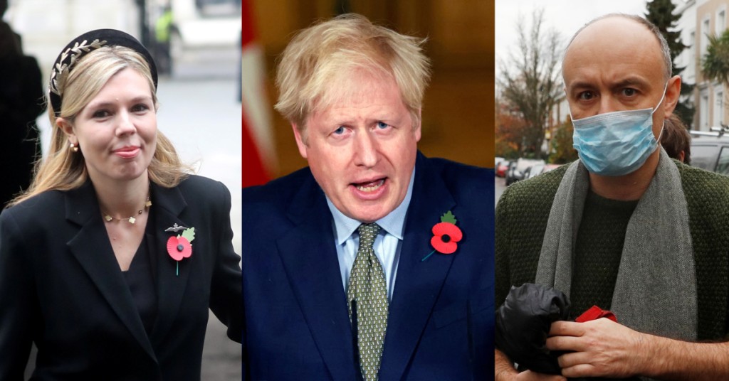 約翰遜（中）身後有兩大實權物，其未婚妻西蒙茲（左）和首相高級顧問卡明斯（右）。