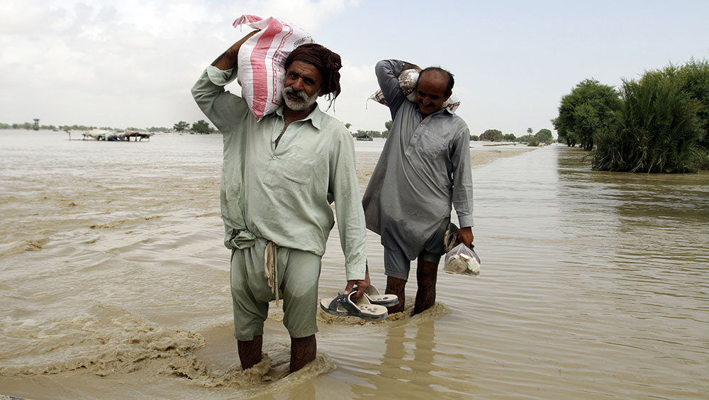 巴基斯坦男子在洪水灾区领取食物。AP