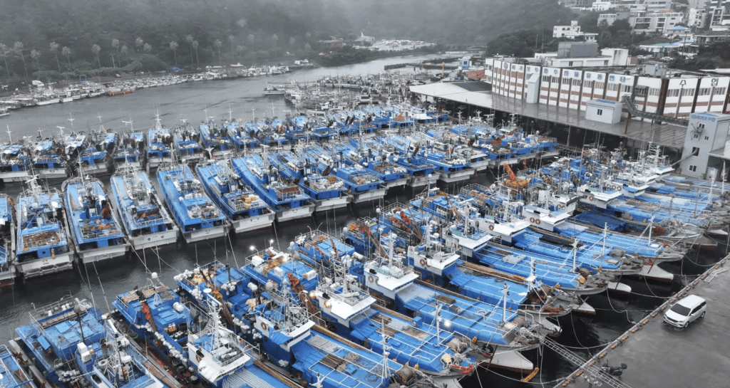 南韓漁船為避開卡努颱風，9日靠港停泊濟州島西歸浦市。路透社