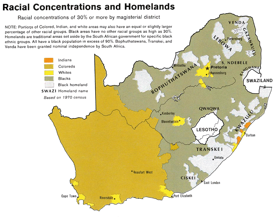 3. 南非種族衝突：1970年南非人口普查的種族統計地圖，其中包括五種圖例從上到下分別為：印度人、有色人、白人、黑人以及班圖斯坦地區。（維基百科圖片）