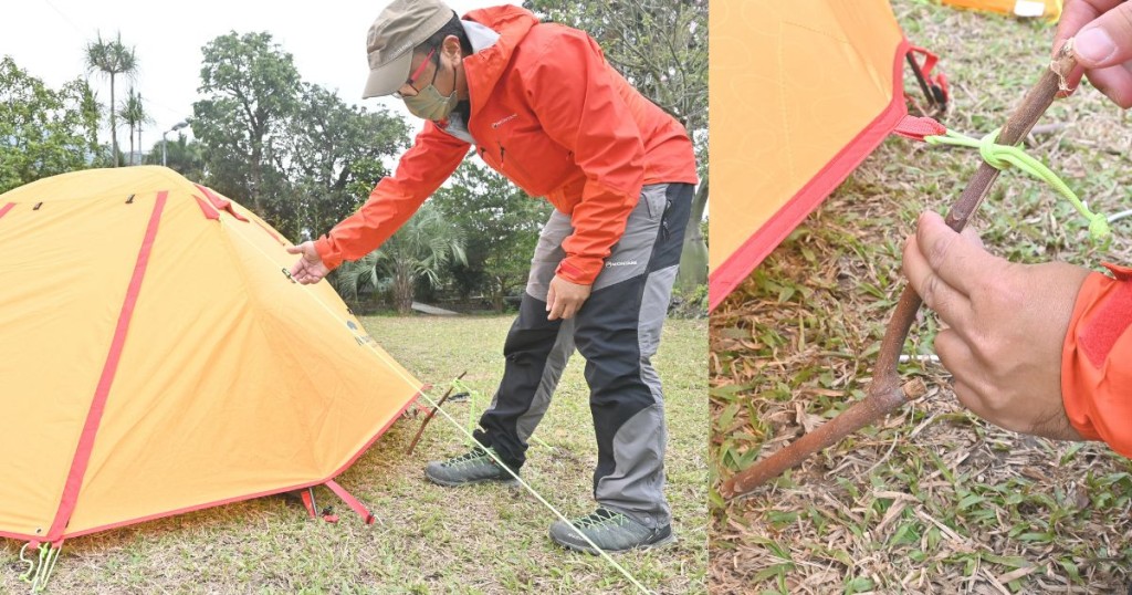 Sunny Sir示範如何為露營營帳綁好風繩及設置通風元素。