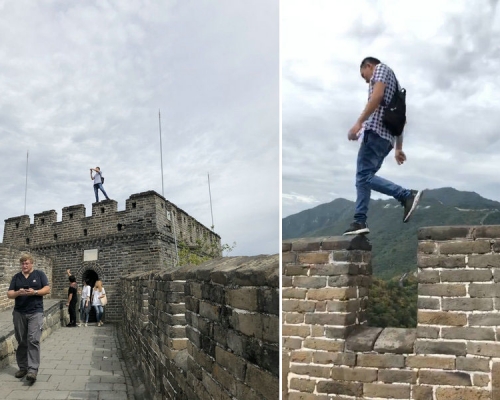 男子不顾安危，在北京慕田峪长城攀爬烽火台及垛口。（网图）