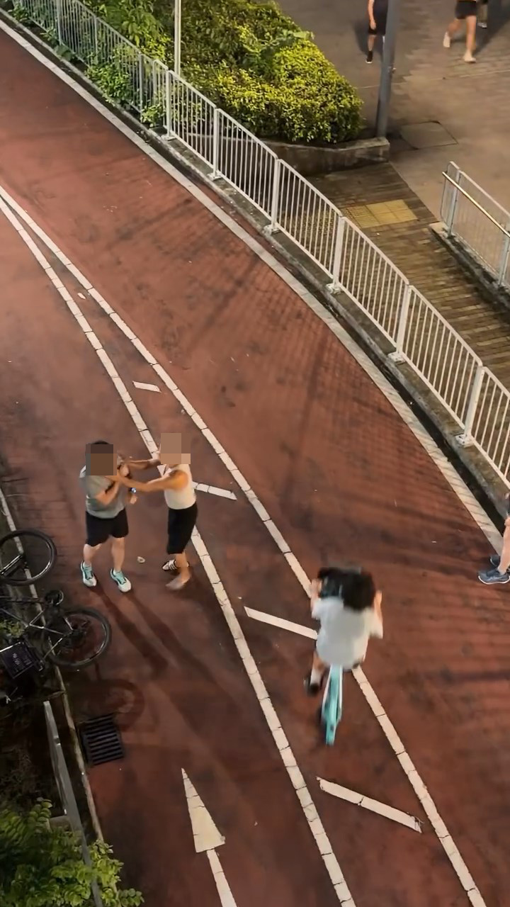 老翁不忿自己的單車被踢跌，於是上前伸手抓住灰衫男衣領。wy15032020@Threads影片截圖
