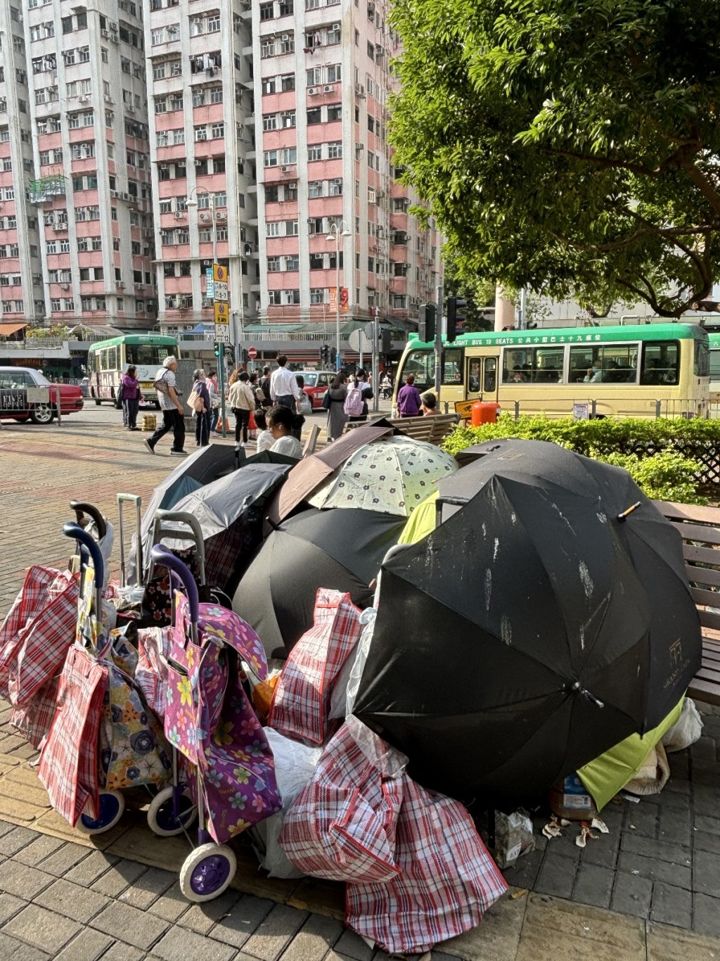 多個紅白藍膠袋與手推車，全是露宿者的家當。(楊開永提供)