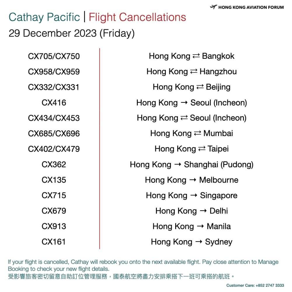 取消的國泰航班涉及不少港人熱門旅遊地點，包括曼谷、台北、首爾、東京、北京等。在除夕及明年1月1日亦已有多班航班宣佈取消。（相片來源：Hong Kong Aviation Forum社交平台專頁）