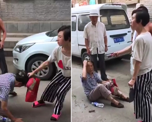 山西王姓女子當街毆打母親並扯其頭髮拖行。(網圖)