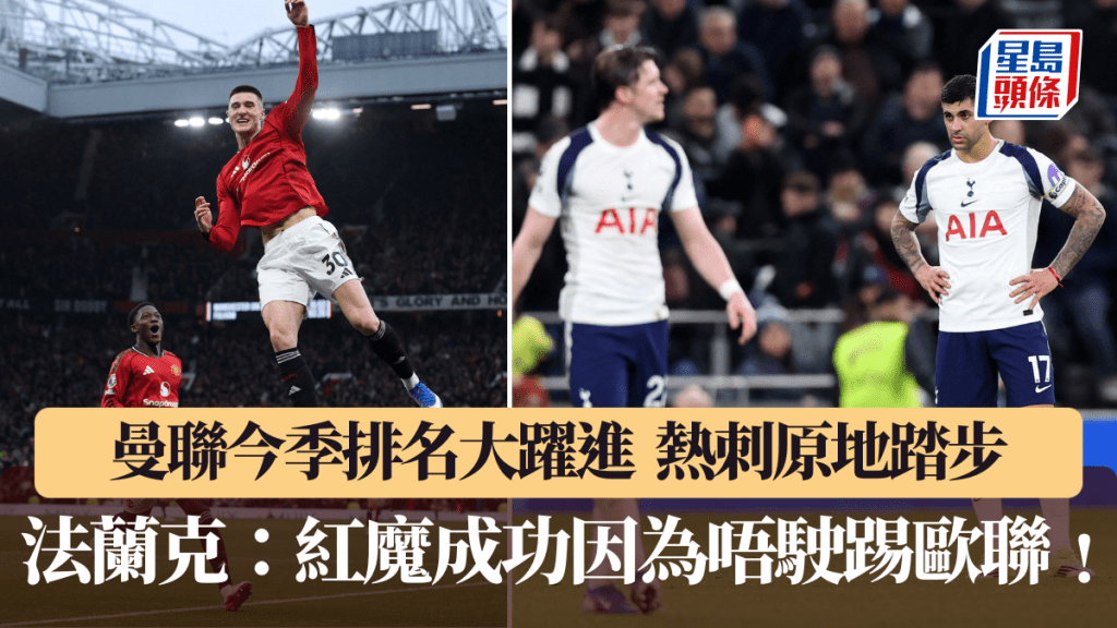 曼聯今季排名大躍進，熱刺原地踏步。路透社