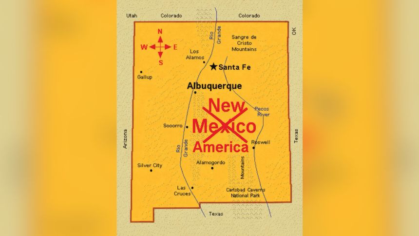 圖片顯示墨西哥（Mexico）部分被紅線劃掉，改成美國（America），變為新美國州。Truth Social/@realDonaldTrump
