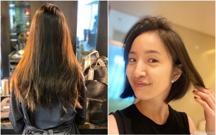 林依晨將一頭長髮剪短後,露出滿意笑容。