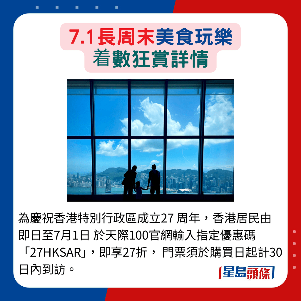 為慶祝香港特別行政區成立27 周年，香港居民由即日至7月1日 於天際100官網輸入指定優惠碼 「27HKSAR」，即享27折， 門票須於購買日起計30日內到訪。