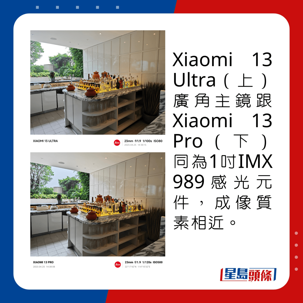 Xiaomi 13 Ultra（上）廣角主鏡跟Xiaomi 13 Pro（下）同為1吋IMX 989感光元件，成像質素相近。