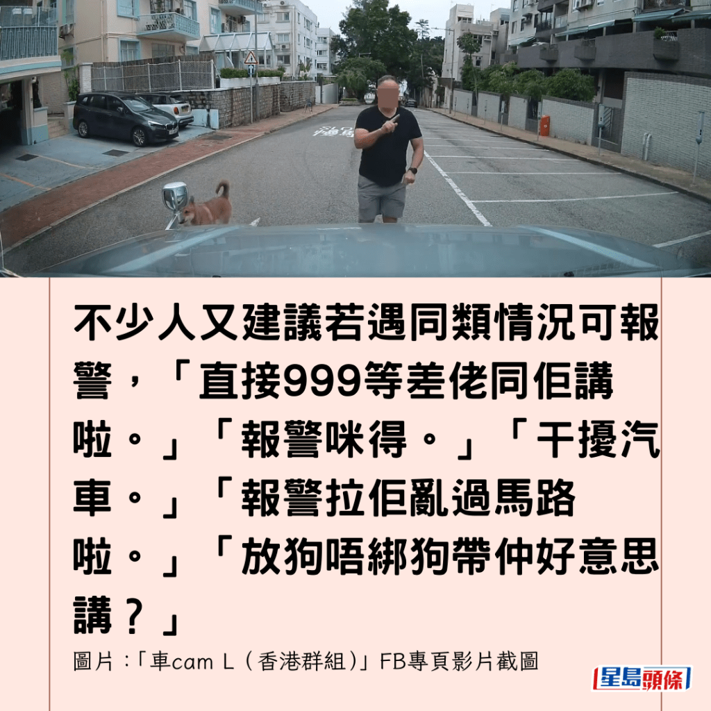  不少人又建議若遇同類情況可報警，「直接999等差佬同佢講啦。」「報警咪得。」「干擾汽車。」「報警拉佢亂過馬路啦。」「放狗唔綁狗帶仲好意思講？」