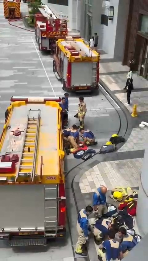 兩批消防員跪在地上替兩隻昏迷貓咪進行心外壓急救,有消防員更不斷撫摸貓貓的身體。網上片段截圖 兩批消防員跪在地上替兩隻昏迷貓咪進行心外壓急救,有消防員更不斷撫摸貓貓的身體。網上片段截圖