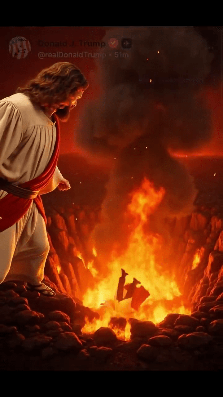 伊朗驻外使馆发AI片:特朗普遭耶稣“爆头打入地狱”。 伊朗驻外使馆发AI片:特朗普遭耶稣“爆头打入地狱”。