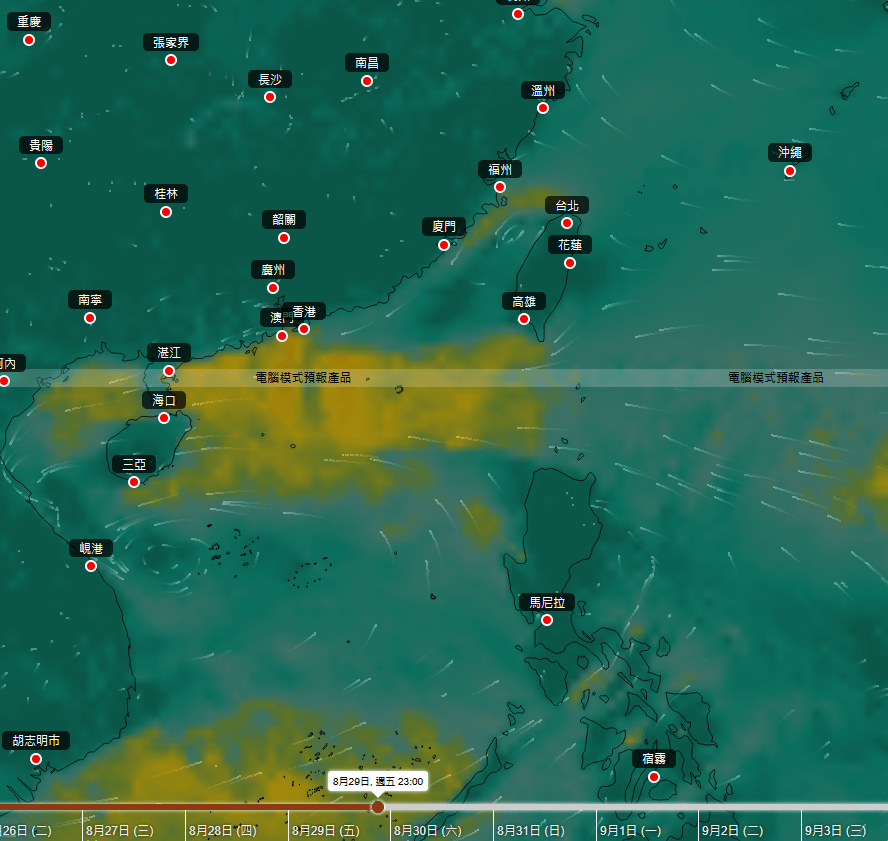 歐洲中期預報中心ECMWF 8月26日對菲律賓以東海域廣闊低壓區的預測。天文台網站擷圖