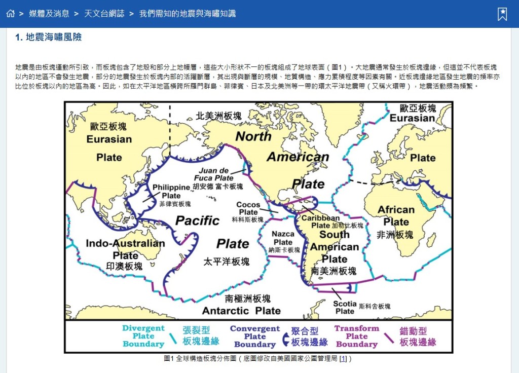天文台網誌：「我們需知的地震與海嘯知識」。香港天文台網頁截圖 