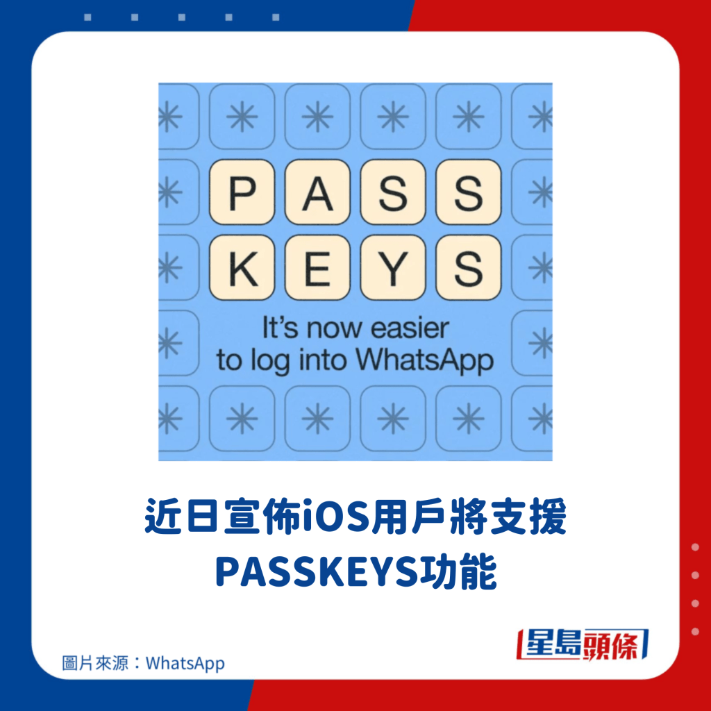 近日宣佈iOS用戶將支援PASSKEYS功能